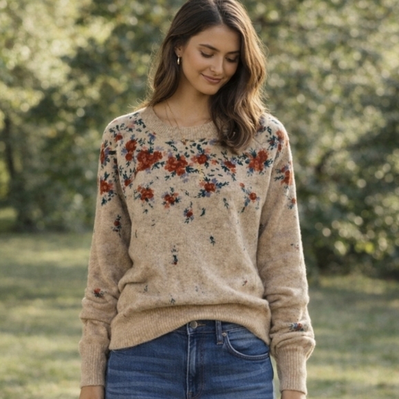 LC Lauren Conrad Sweaters - LC Lauren Conrad Floral Sweater Beige Cottagecore Knit Pullover Size S